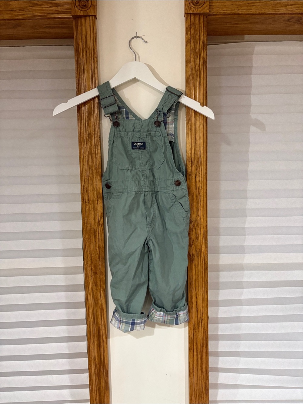 OshKosh B'gosh Sage Green Plaid-Cuff Kids Overalls